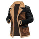 Men's Vintage Suede Color Block Shearling Fleece Fur Reverse Collar Mid-Length Layer Coat Jacket