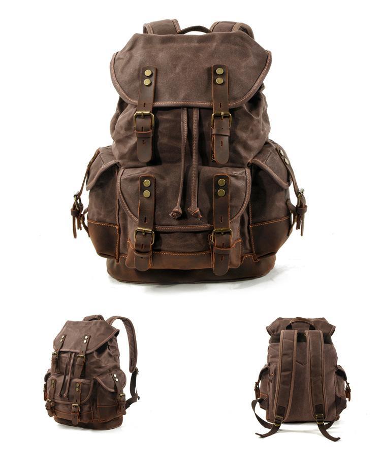 Men's Vintage Outdoor Canvas Stitching Leather Multi-Pocket Backpack