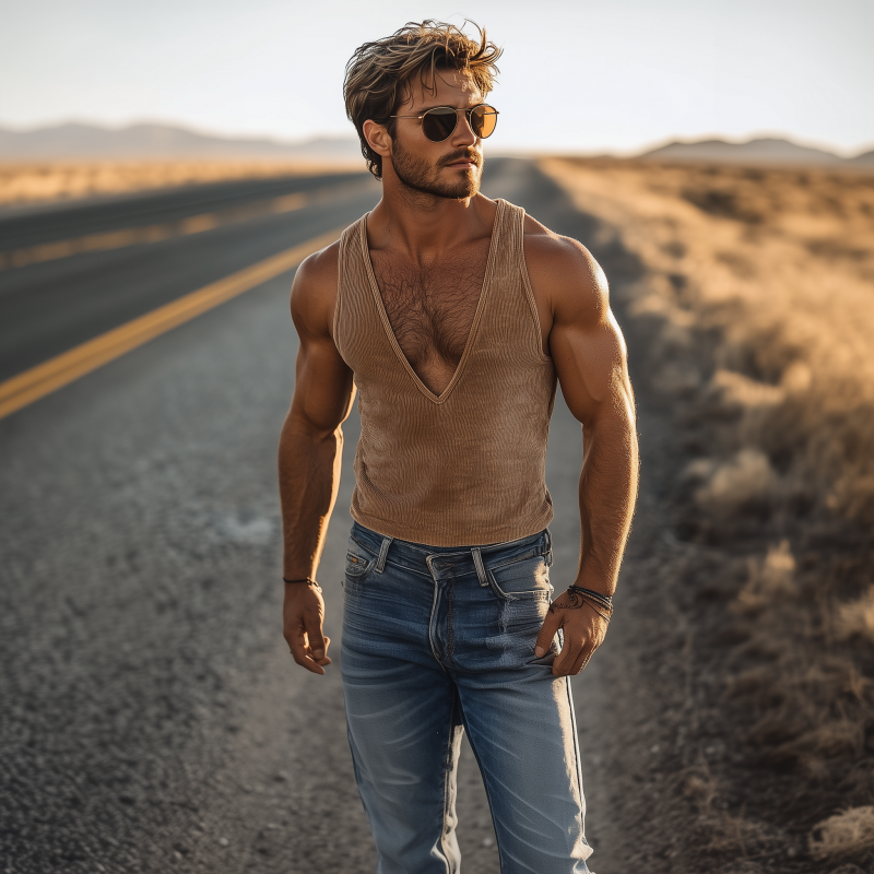 Men's Fashion Retro Western Cowboy Style Corduroy Deep V Neck Tank Top