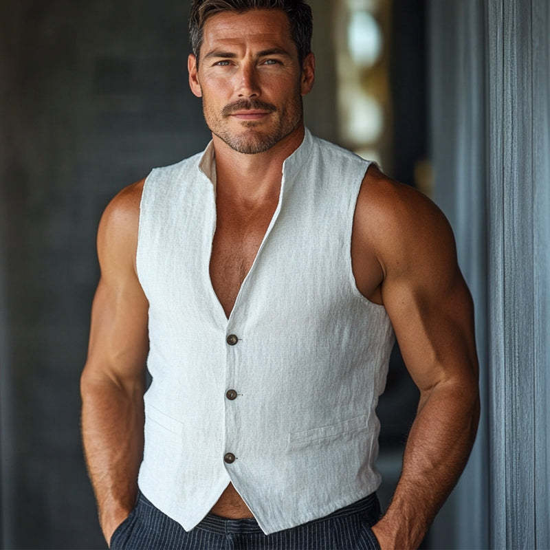 Men's Pure White Stand Collar Cotton And Linen Three-button Vest