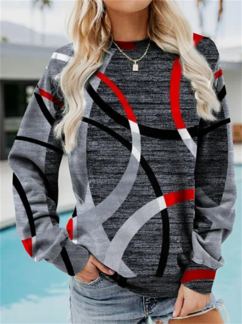 WOMEN'S GEOMETRIC LOOSE PRINTED LONG SLEEVE ROUND NECK HOODIE