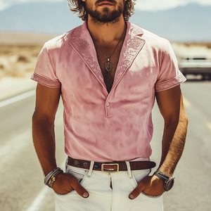 Men's Spring Fashion Casual Deep V-neck Slim Fit Embroidered Suede Short Sleeve T-shirt