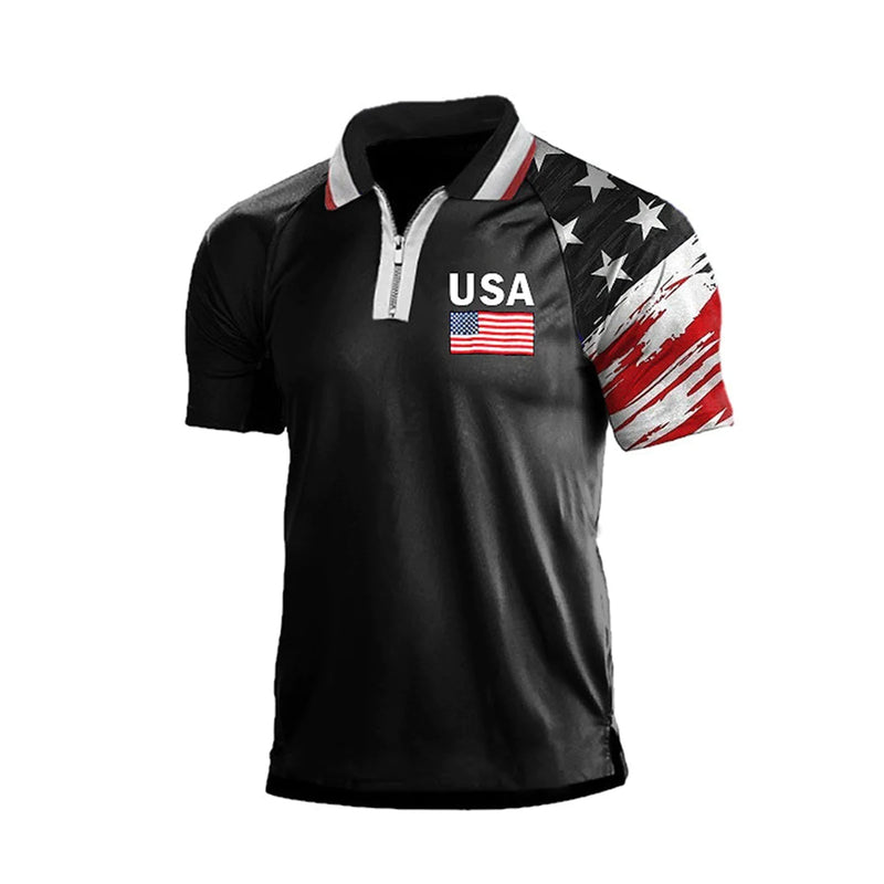 USA FLAG PATCHWORK RAGLAN GRAPHIC POLO SHIRT