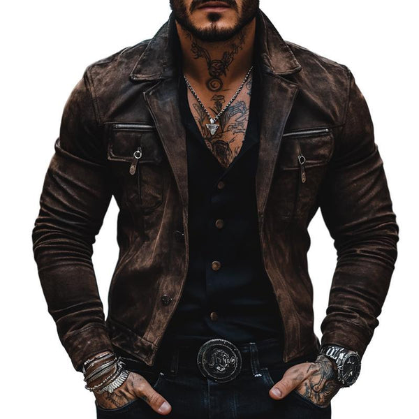 Men's Vintage Distressed Suede Lapel Chest Pocket Single Breasted Jacket