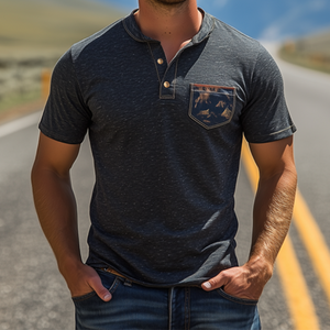 Men's Classic Vintage Yellowstone Park Series Henley Collar Cotton T-Shirt