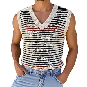 Men's Casual V Neck Contrast Color Striped Knitted Tank Top