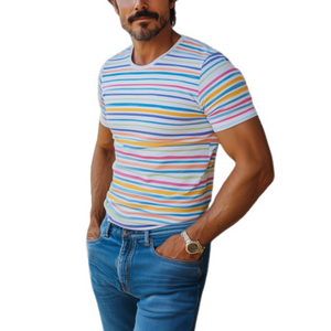 Men's Casual Round Neck Contrast Striped Slim Fit Cotton Short Sleeve T-shirt
