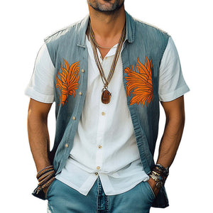Men's Summer Washed Denim Colorblock Embroidered Vest
