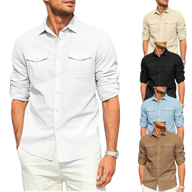 DOUBLE POCKET COTTON LINEN LONG SLEEVED SHIRT CASUAL VACATION SHIRT