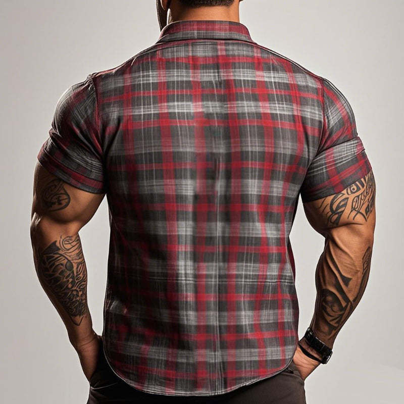 Men's Retro Casual Plaid Print Lapel Short Sleeve Shirt