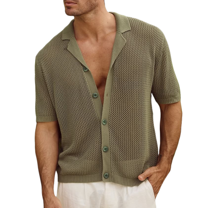 Herren-Poloshirt mit einreihigem Strickmuster und hohlem Revers, kurzärmelig