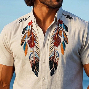 Men's Vintage Feather Embroidered Short Sleeve Shirt