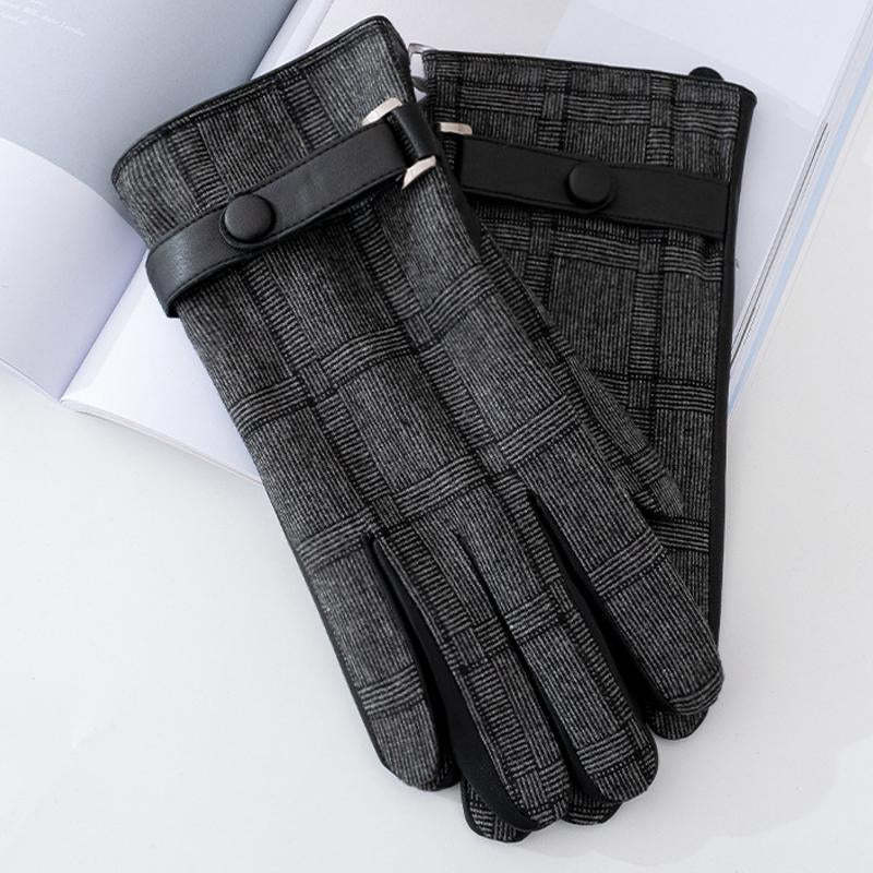 Men's Plaid Plush Warm Touch Screen PU Leather Gloves