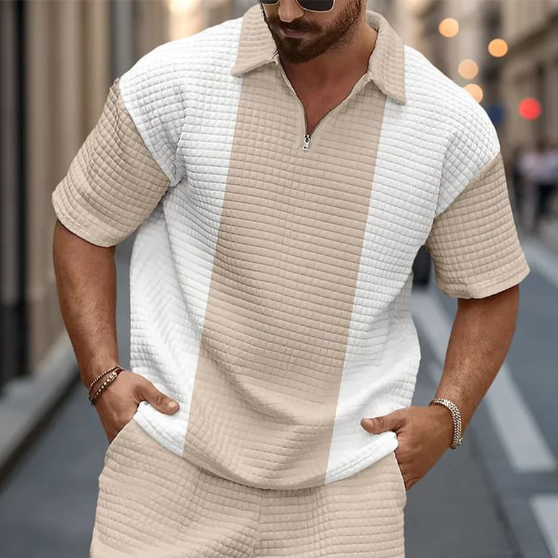Men's Spring And Summer Casual Waffle Stitching Pullover T-shirt Shorts Set