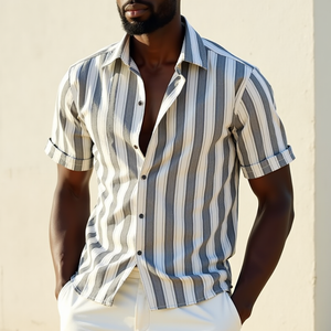 Men's Casual Cotton Blend Striped Lapel Loose Short Sleeve Shirt