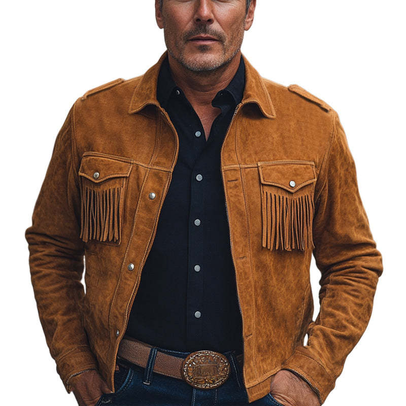 Men's Spring And Autumn Brown Vintage Tassel Suede Jacket