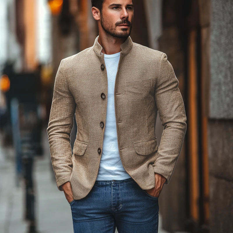 Lässiger, einreihiger Blazer aus Leinen mit Stehkragen für Herren im Slim Fit