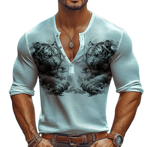 Men's Tiger Print Henley Neck Long Sleeve T-Shirt