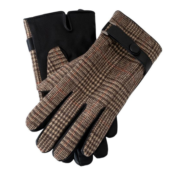 Men's Plaid Plush Warm Touch Screen PU Leather Gloves