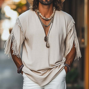 Men's Casual Khaki Loose Deep V Neck Tassel T-Shirt