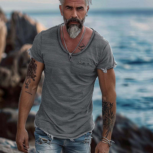 Men's Retro Solid Color Round Neck Raw Edge Short Sleeve T-Shirt