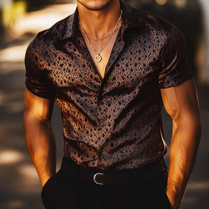 Herren Retro Casual Geometrischer Druck Satin Revers Kurzarmhemd