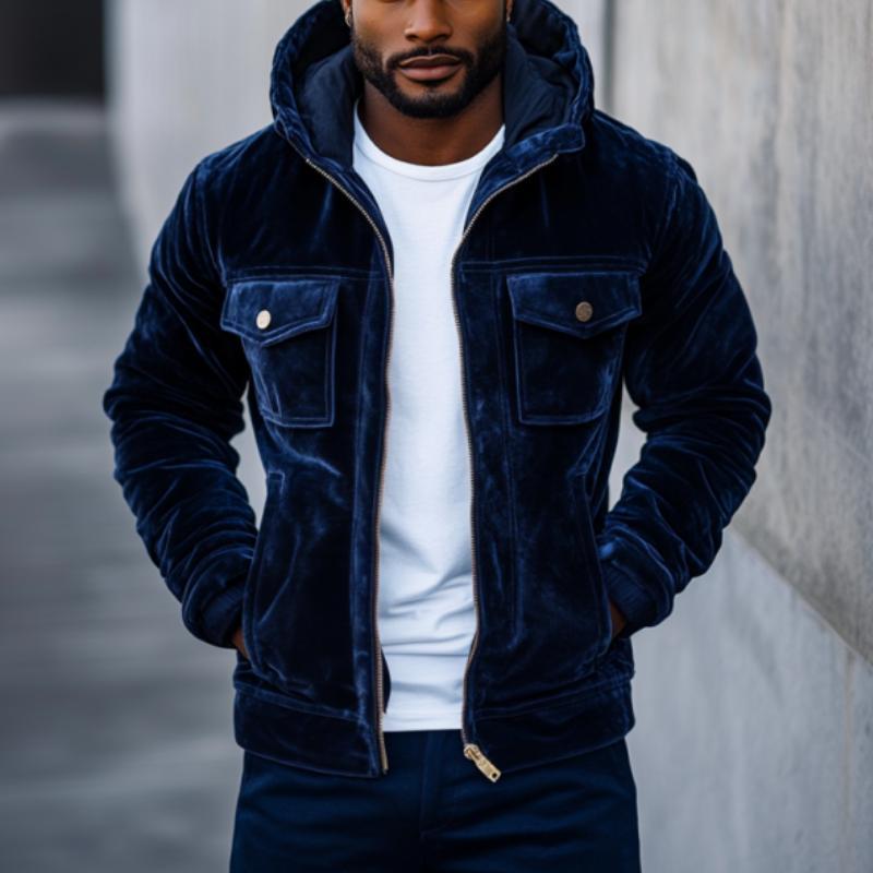 Men's Vintage Velvet Multi-Pocket Zipper Slim Fit Hooded Jacket