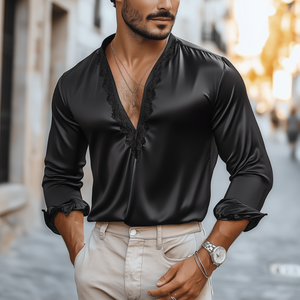 Men's Casual Sexy Lace And Satin Stitching Deep V Neck Long Sleeve Shirt