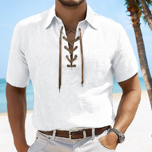 Men's Solid Color Casual Vacation Lace Lapel Short Sleeve Shirt