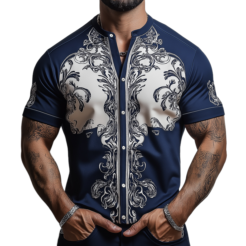 Men's Retro Casual Baroque Palace Printed Collarless Short Sleeve Shirt