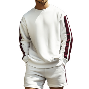 Herren Retro Casual Gestreiftes Rundhals-Sweatshirt Shorts Zweiteiliges Set