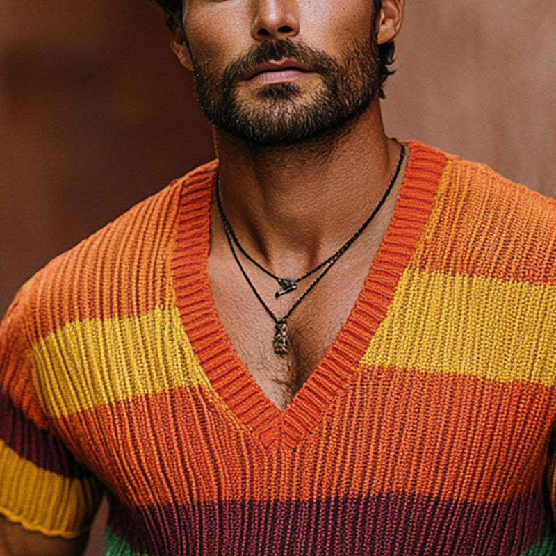 Men's Rainbow Knit V-Neck Short Sleeve Sweater T-Shirt