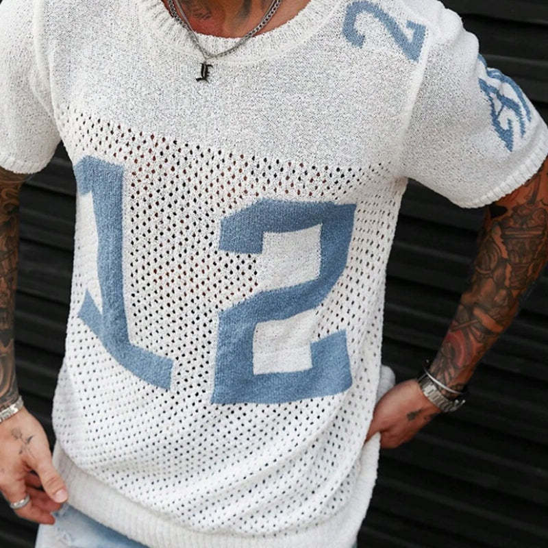 Herren-T-Shirt mit Sport-Schriftzug und Jacquard-Rundhalsausschnitt, kurzärmelig