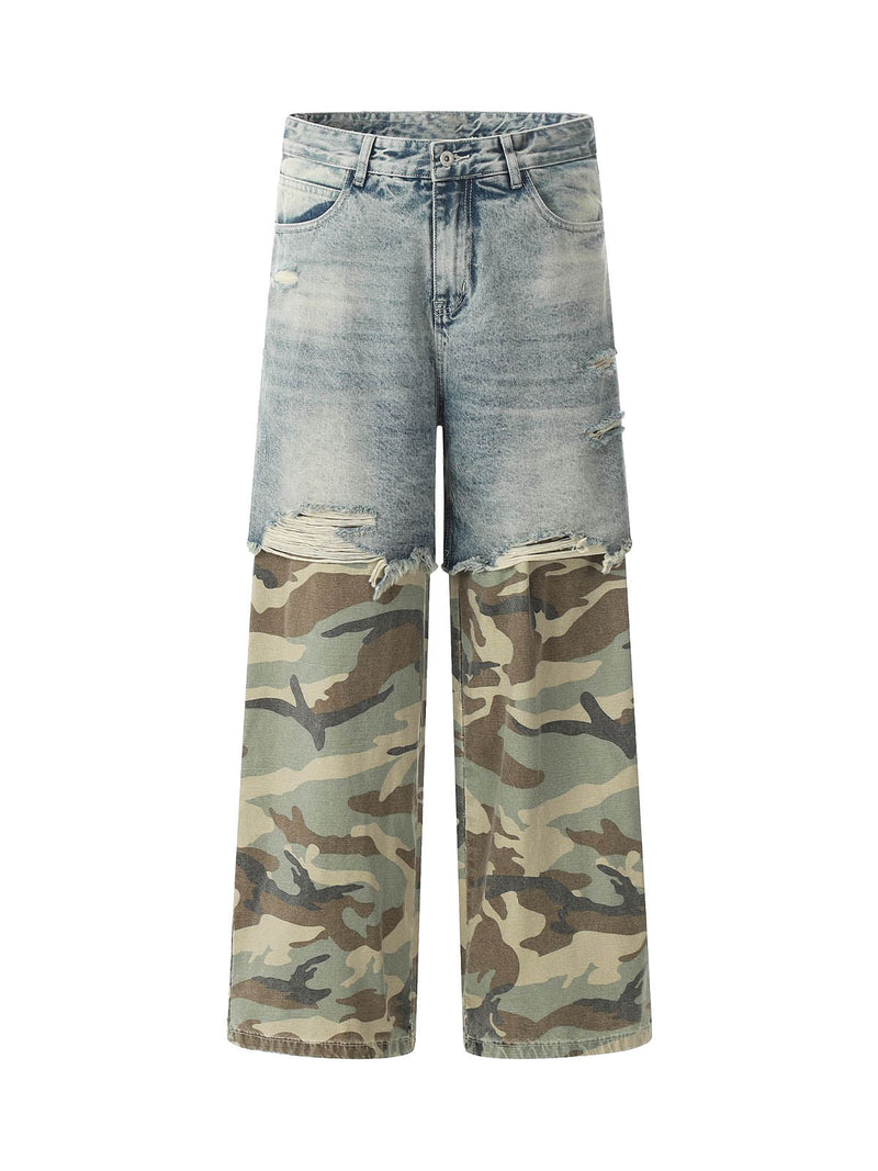 Washed Stitching Camouflage Ripped Baggy Jeans