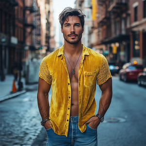 Men's Spring Fashion Personalized Lace Splicing Velvet Slim Fit Short Sleeve Shirt