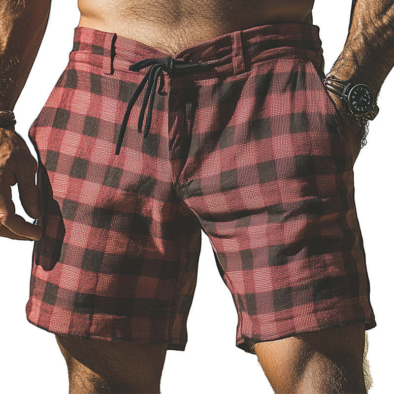 Men's Spring Fashion Plaid Linen Casual Sports Shorts
