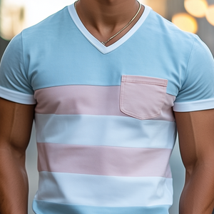 Personalisiertes, lässiges Herren-T-Shirt mit V-Ausschnitt und hellen Wildledernähten, kurzärmelig