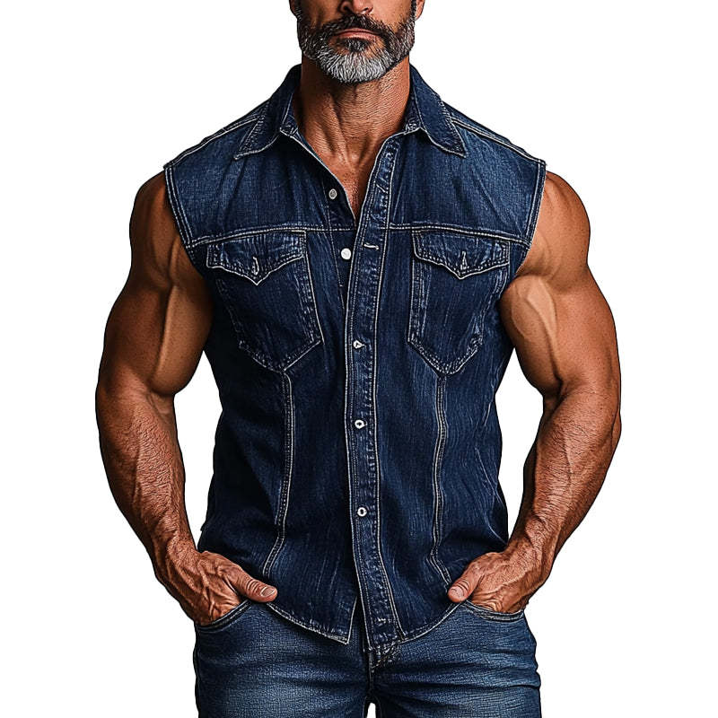 Herren-Jeansweste mit gewaschenem Revers im Vintage-Stil