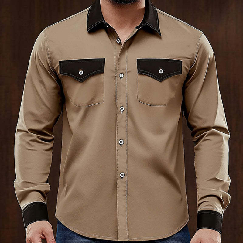 Bequemes Khaki-Colorblock-Langarmhemd für Herren