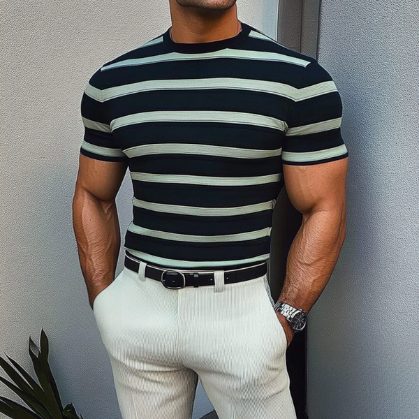 Men's Casual Contrast Color Striped Round Neck Slim Fit Knitted Short Sleeve Sweater T-Shirt