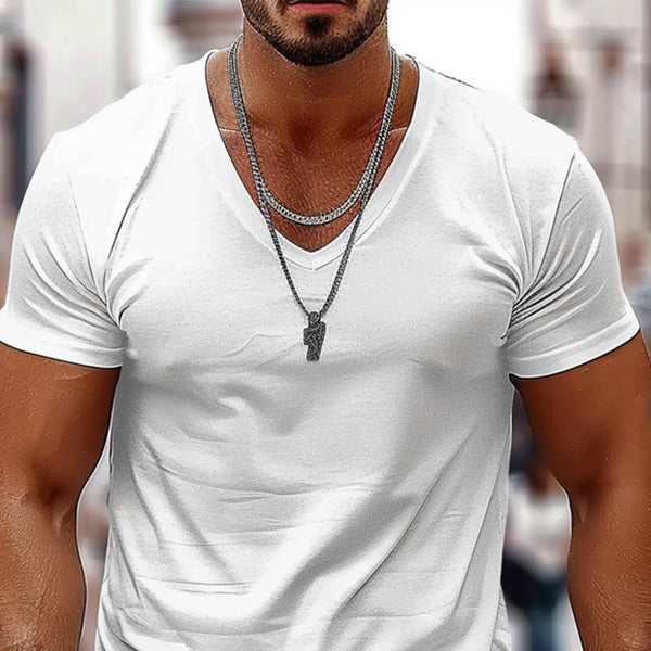 Men's Solid Color Casual V-neck Cotton Short-sleeved T-shirt