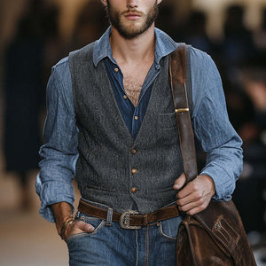 Men's Vintage Dark Gray Blended V-Neck Three-Button Slim Vest