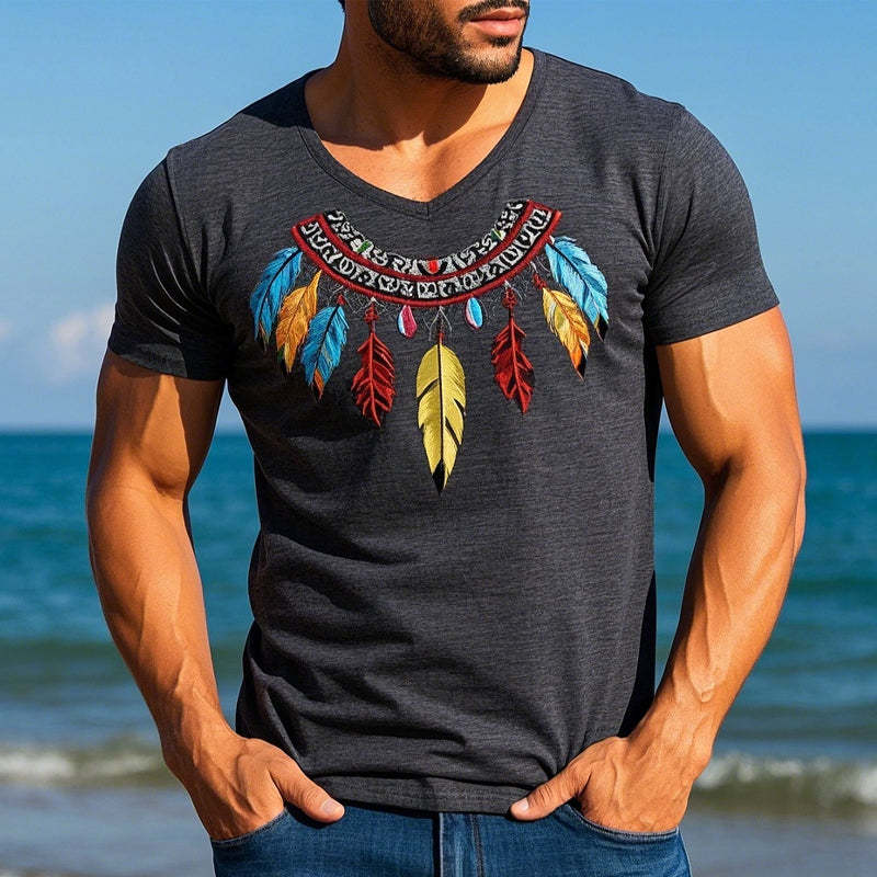 Herren-T-Shirt aus Baumwollmischung mit Federstickerei und kurzen Ärmeln
