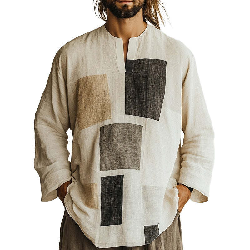 Men's Geometric Print Long Sleeve Open Collar T-Shirt
