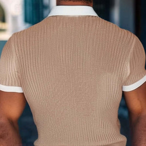 Men's Casual Contrast Lapel Slim Fit Knitted Short Sleeve Sweater T-Shirt