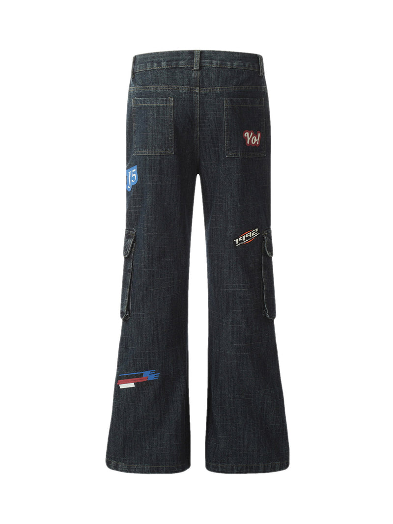 Graphic Multi Pocket Flare Jeans