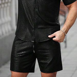 Men's Textured Leather Short-sleeved Shorts Two-piece Set
