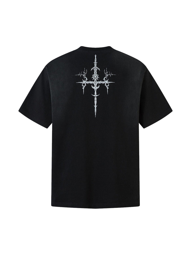 Heavy Cotton Washed Cross Shield Print T-shirt