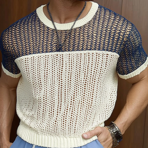 Men's Casual Round Neck Color Block Knitted Short Sleeve Sweater T-Shirt