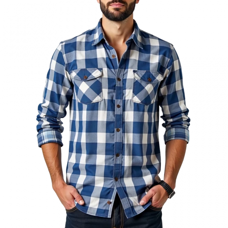Men's Casual Cotton Plaid Lapel Chest Pocket Slim Fit Long Sleeve Shirt